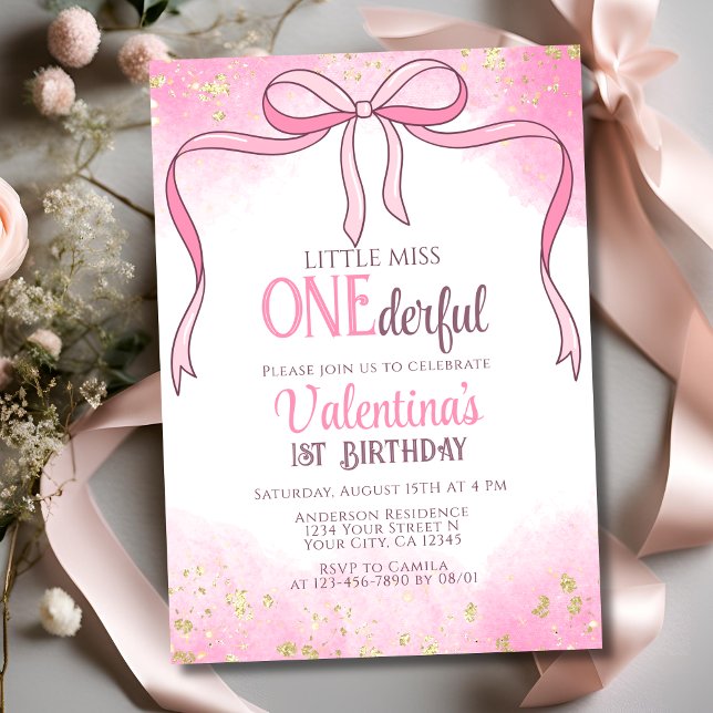 Onederbörd Coquette Rosa Bow Glitter 1:a födelseda Inbjudningar (Skapare uppladdad)