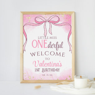 Onederbörd Coquette Rosa Bow Glitter 1:a födelseda Poster