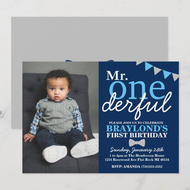 Onederful 1:a födelsedag med utbytbart Färg foto Inbjudningar (Fram/baksida)