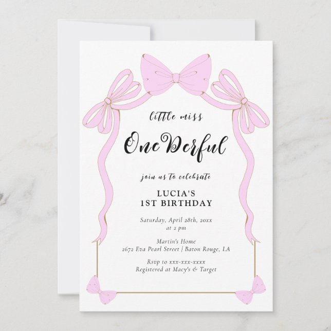 Onederful Baby Pink Coquette Bow Girl 1st Birthday Inbjudningar (Framsida)