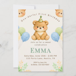 Onederful Bear First Birthday Party Invitation Inbjudningar