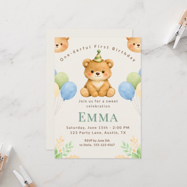 Onederful Bear First Birthday Party Invitation Inbjudningar (Fram/Back In Situ)