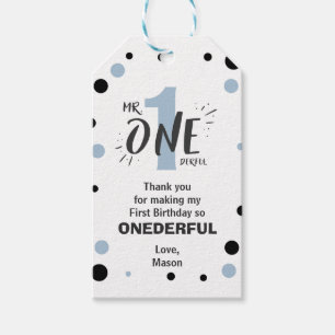 Onederful Birthday Favor Tags Boy Baby blue Presentetikett