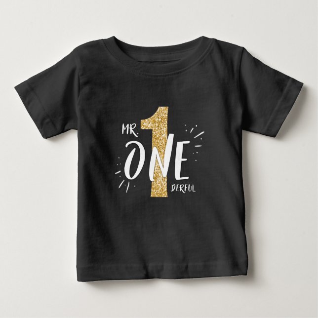 Onederful Birthday T-shirt Boy Black Guld (Framsida)