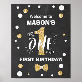 Onederful Birthday Välkommen Sign Boy Guld Poster