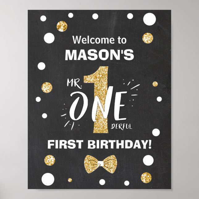 Onederful Birthday Välkommen Sign Boy Guld Poster (Framsidan)
