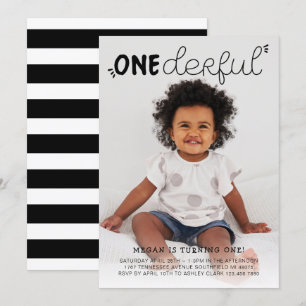 Onederful Black Minimal Photo Birthday Inbjudningar