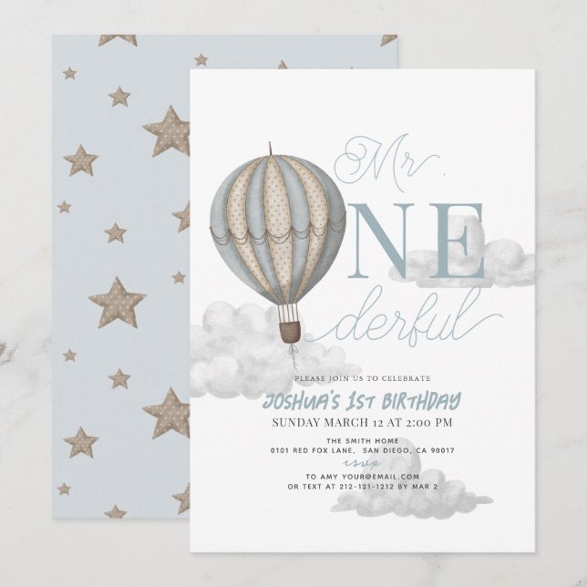 Onederful Blue Luftballong 1:a födelsedagen Inbjudningar (Fram/baksida)