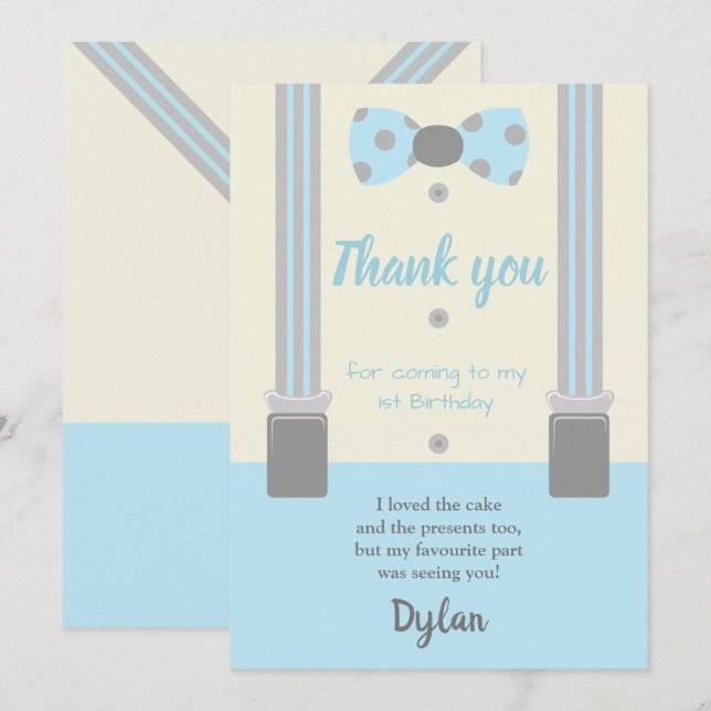 Onederful blue och grått bow tie inbjudningar (Fram/baksida)