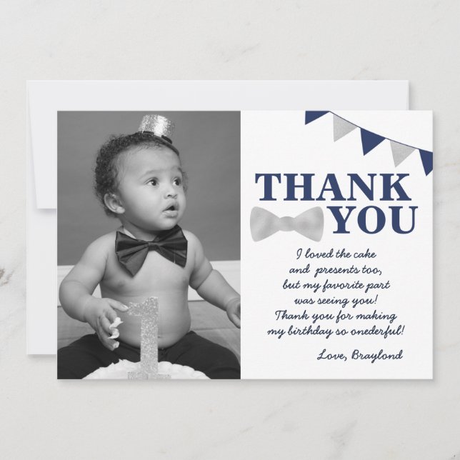 Onederful Blue och Silver First Birthday Photo Tack Kort (Framsida)