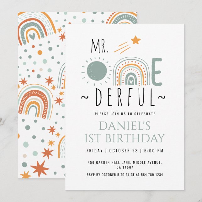 Onederful Boho Rainbow First Birthday Boy Inbjudningar (Fram/baksida)