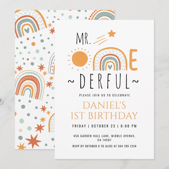 Onederful Boho Rainbow First Birthday Boy Inbjudningar (Fram/baksida)