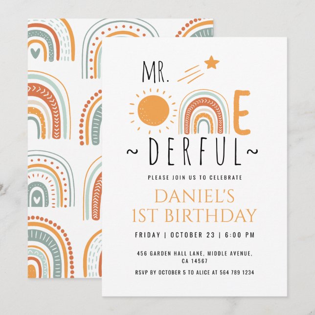 Onederful Boho Rainbow First Birthday Boy Inbjudningar (Fram/baksida)