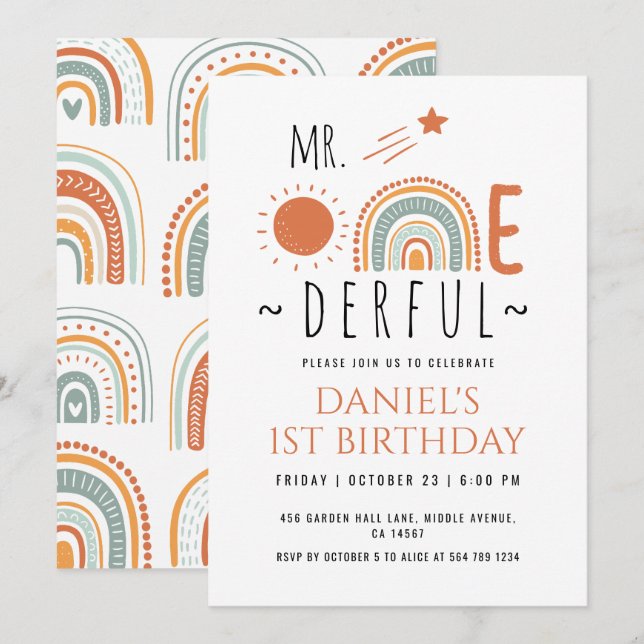 Onederful Boho Rainbow First Birthday Boy Inbjudningar (Fram/baksida)
