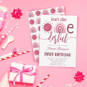 Onederful Boho Rosa Rainbow Sunshine Birthday Inbjudningar