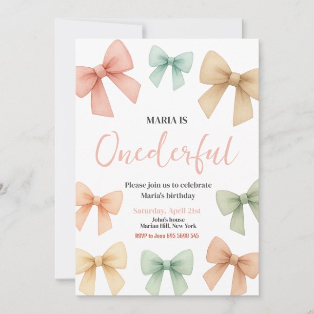 ONEderful Coquette Bow Pastel Girl Födelsedagsfest Inbjudningar (Framsida)