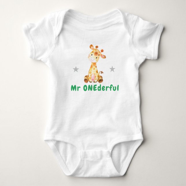 Onederful Giraffe First 1st Birthday Grönt Boy T Shirt (Framsida)