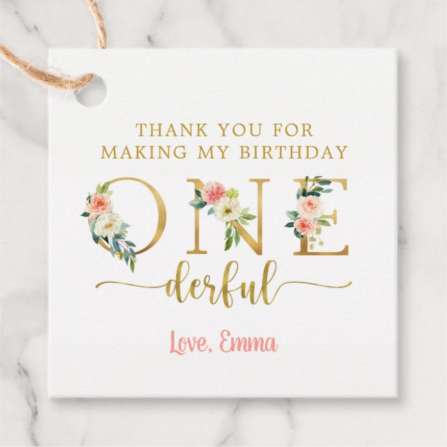 Onederful Girl First Birthday Tack Gåvor Etiketter (Framsida)