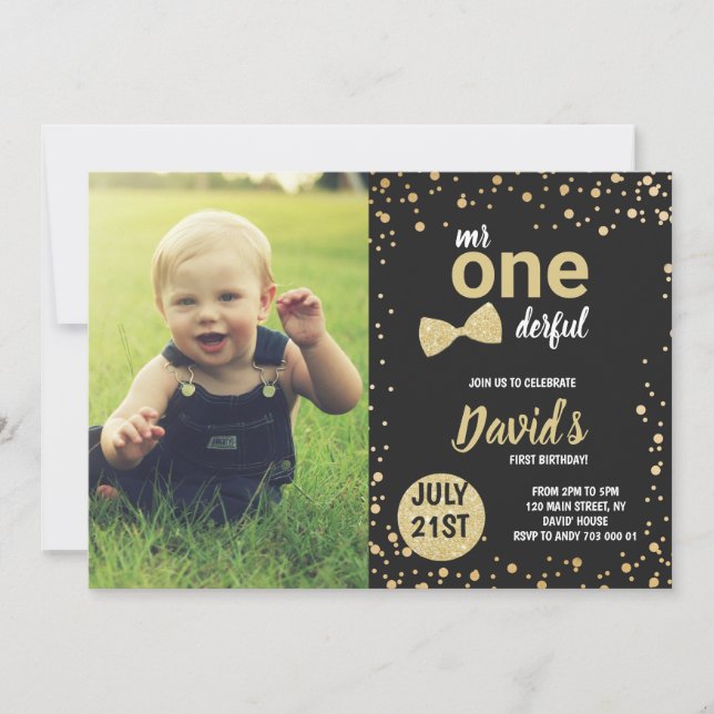 Onederful Guld Boy 1st Birthday med Photo Inbjudningar (Framsida)