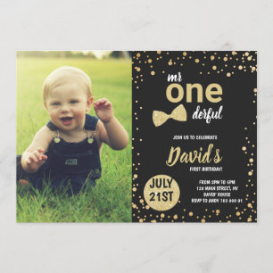 Onederful Guld Boy 1st Birthday med Photo Inbjudningar