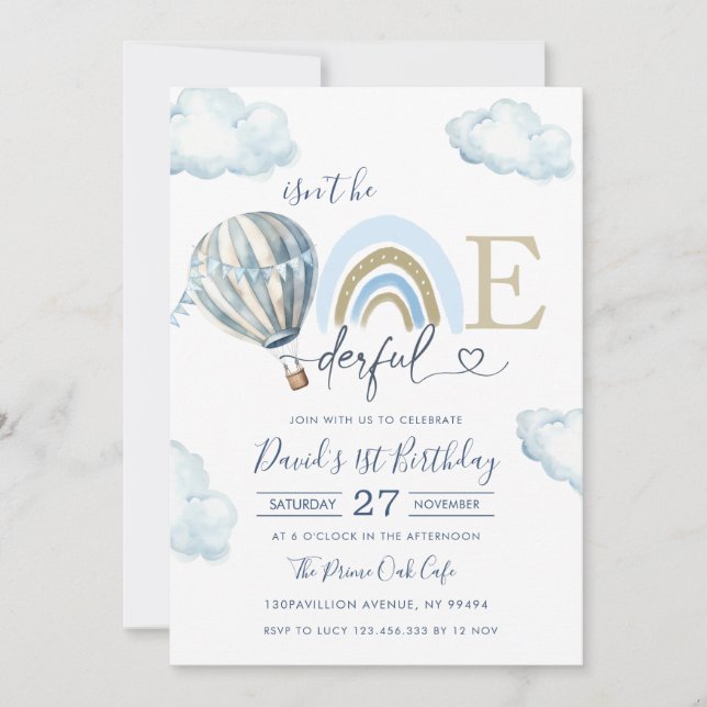 Onederful Hot Air Balloon Boy 1st Birthday Inbjudningar (Framsida)