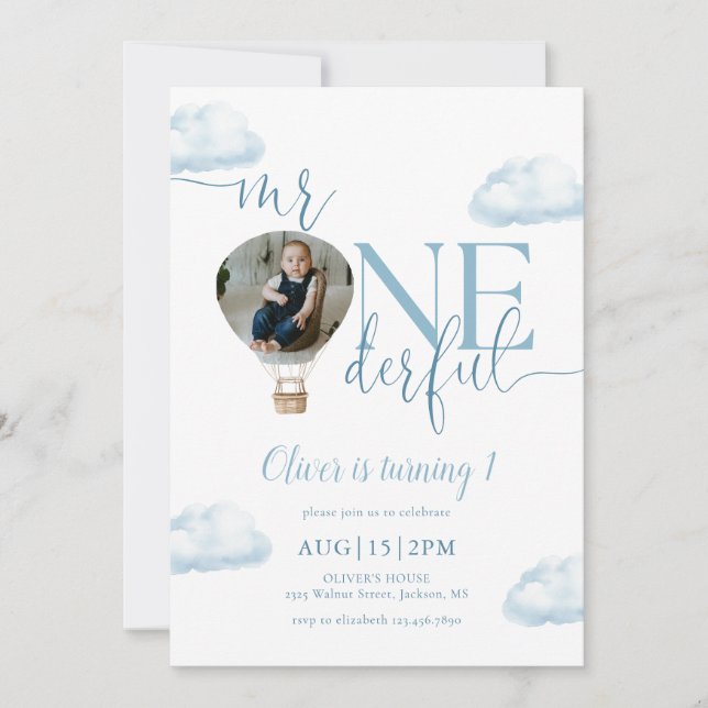 Onederful Photo Luftballong 1:a födelsedagen Inbjudningar (Framsida)