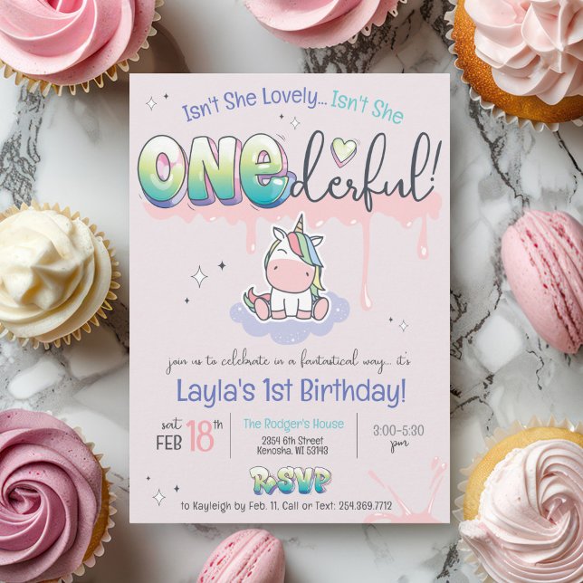 ONEderful Unicorn Rainbow Rosa Girl Girl 1 Birthda Inbjudningar (ONEderful cute girly kawaii unicorn rainbow pink purple graffiti magic girl birthday invitation)