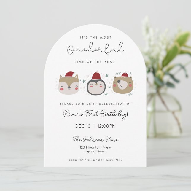 Onederful Winter Animals First Birthday Invitation Inbjudningar (Stående Fram)