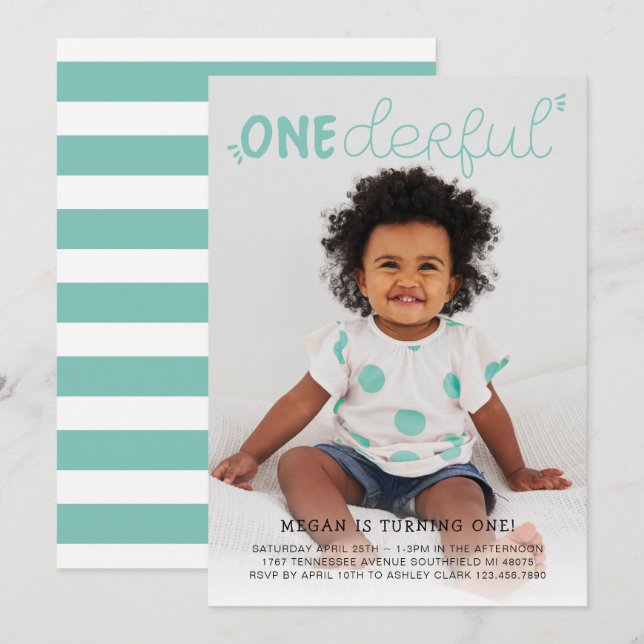 Onederfull Teal Blue Minimal Photo Birthday Inbjudningar (Fram/baksida)