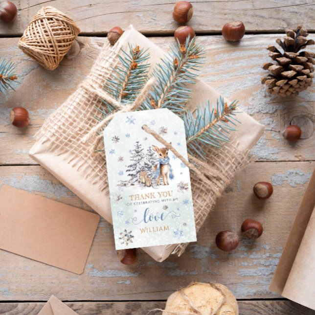 ONEderland 1st Birthday Blue Winter Cute Hjort Presentetikett (Skapare uppladdad)