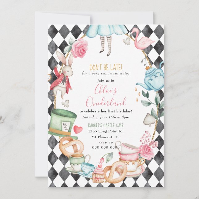 Onederland Alice Mad Tea Party Girl First Birthday Inbjudningar (Framsida)