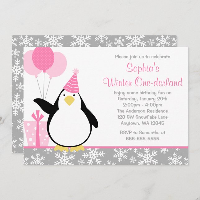 Onederland för pingvinsnöflingorvinter födelsedag inbjudningar (Fram/baksida)