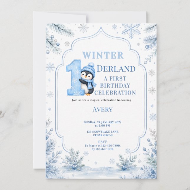 ONEderland Pingvin Snö Blå Vinter 1-årsdag  Inbjudningar (Framsida)