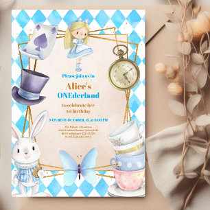 Onederland Tea Alice i Wonderland 1:a födelsedagen Inbjudningar
