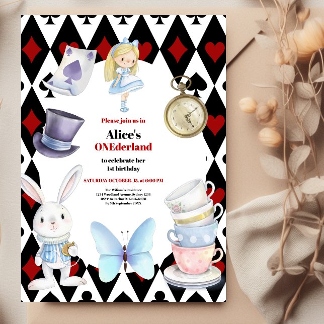 Onederland Tea Alice i Wonderland 1:a födelsedagen Inbjudningar (Skapare uppladdad)