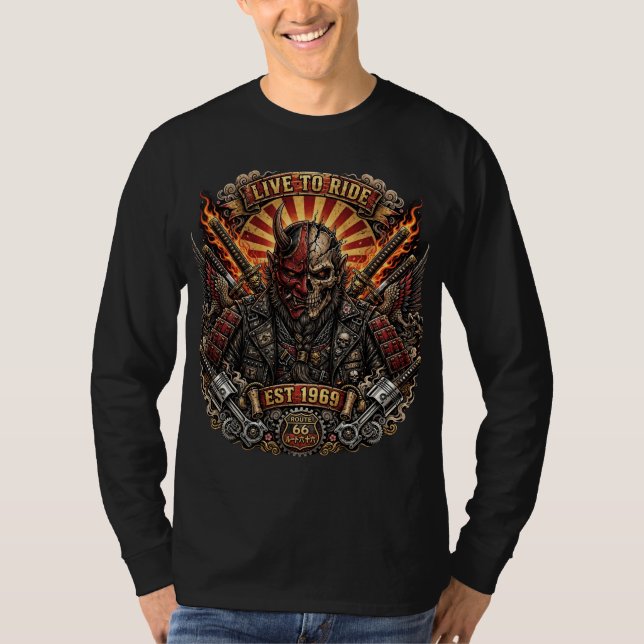 Oni Biker Samurai , Lev för att Rida Samurai Oni T Shirt (Framsida)