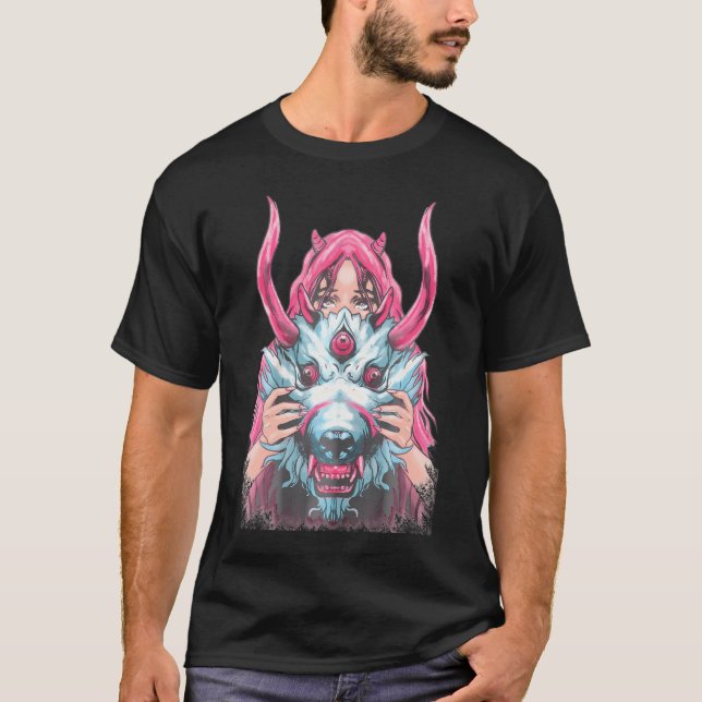Oni Girl Demon Japansk Anime Girl T Shirt (Framsida)