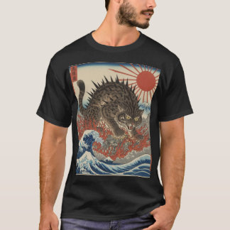 Oni Katt Ukiyo-e Soluppgång Vågstorm T Shirt