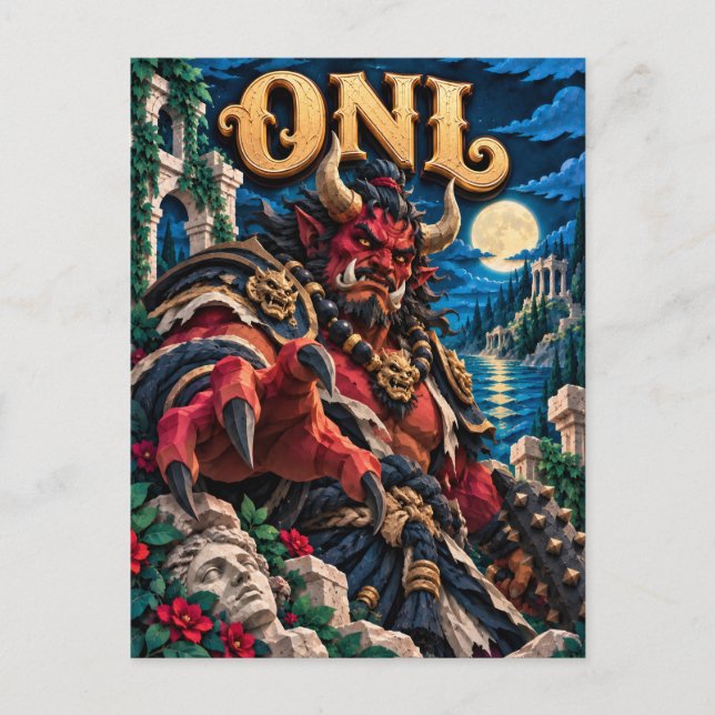 Oni, pappersklippt monster vykort (Framsida)