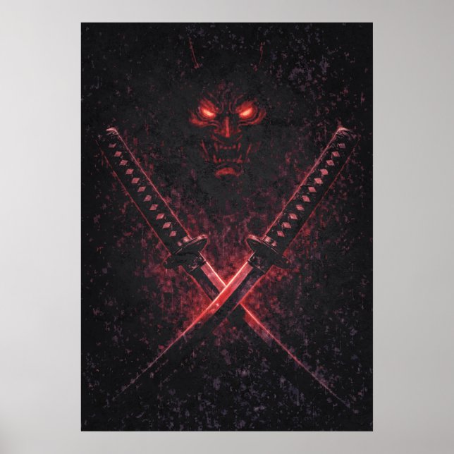 Oni tvillingbladssamurai, abstrakt surrealistisk j poster (Framsidan)