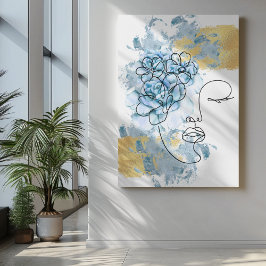 Onle line ansikte art Blue vatten smärtblommor gul Canvastryck
