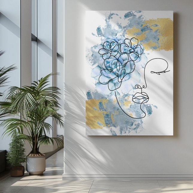 Onle line ansikte art Blue vatten smärtblommor gul Canvastryck (Skapare uppladdad)