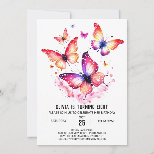 Online Anpassningsbar Butterfly Girl Birthday Inbjudningar (Framsida)