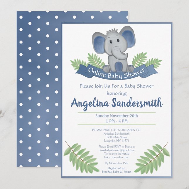 Online Baby Shower by Mail Blue Boy Elephant Inbjudningar (Fram/baksida)