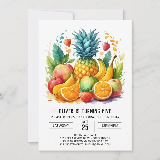 Online Boho Watercolor Fruits Birthday Inbjudningar (Framsida)