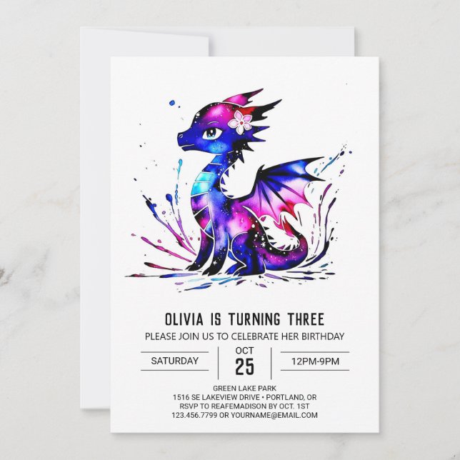 Online Colorful Dragon Digital Girl Birthday Inbjudningar (Framsida)