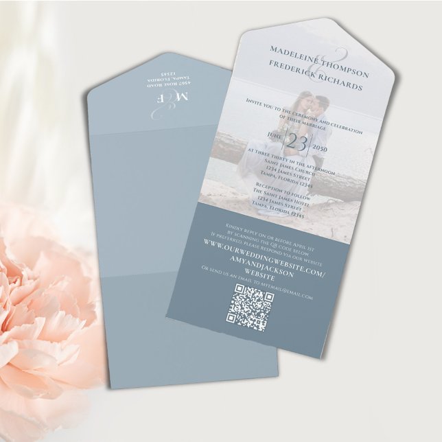 Online för QR-Elegant - Dusty Blue - OSA (Elegant Dusty blue wedding invitation with QR code and photo template. )