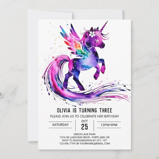 Online Lila Unicorn Digital Birday Inbjudningar (Framsida)