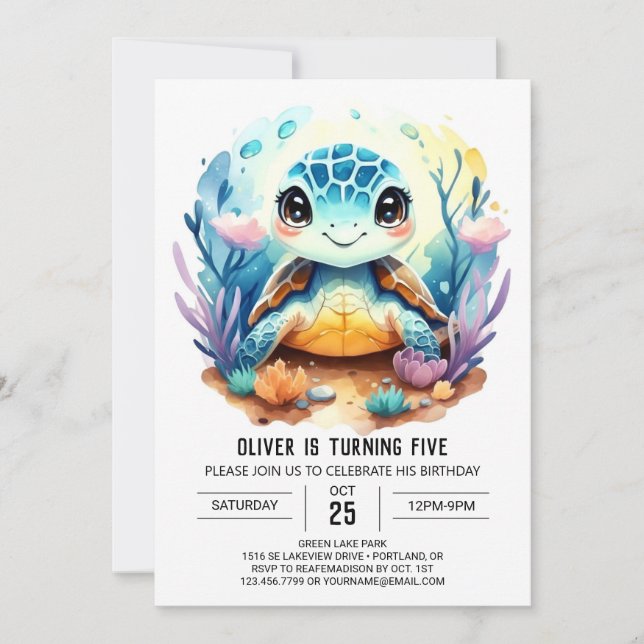 Online Pastel Aquatic Turtle Boy Birthday Inbjudningar (Framsida)