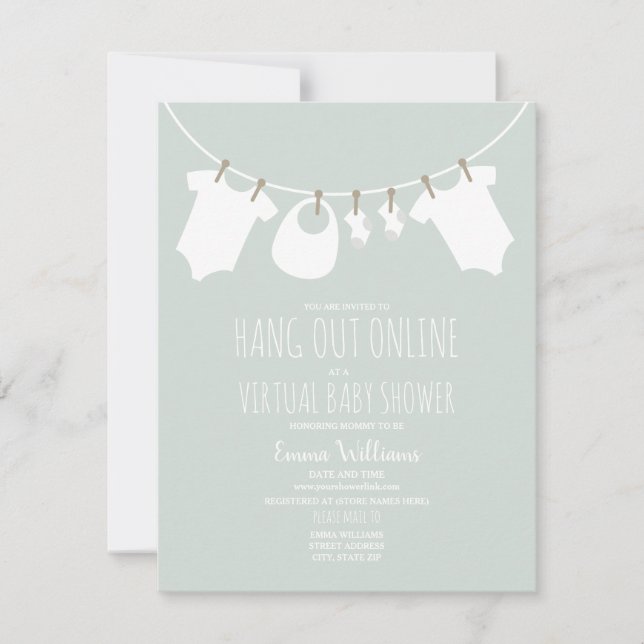 Online Virtuell Blue Boy Baby Shower Clothesline Inbjudningar (Framsida)